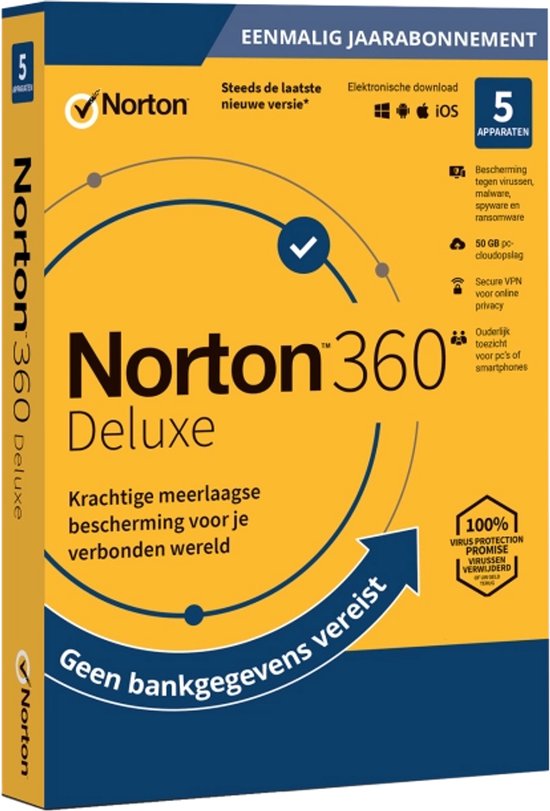 Norton 360 Deluxe - 5 Apparaten - 1 Jaar (Geen automatische verlenging)