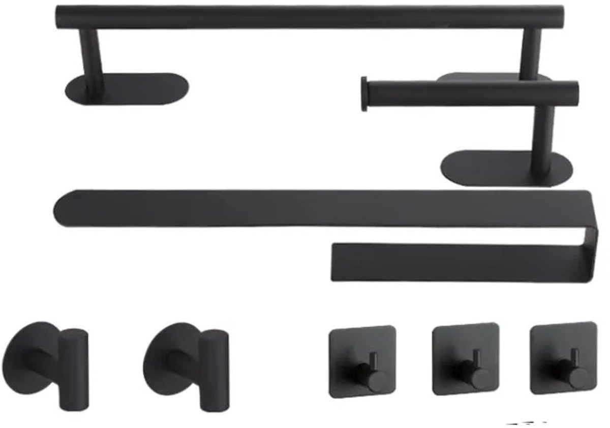 Badkameraccesoire Set van 8 - Toiletrolhouder - WC Rol Houder - Handdoekhouder - Handdoekhaken - Zonder Boren - Zelfklevend - Zwart