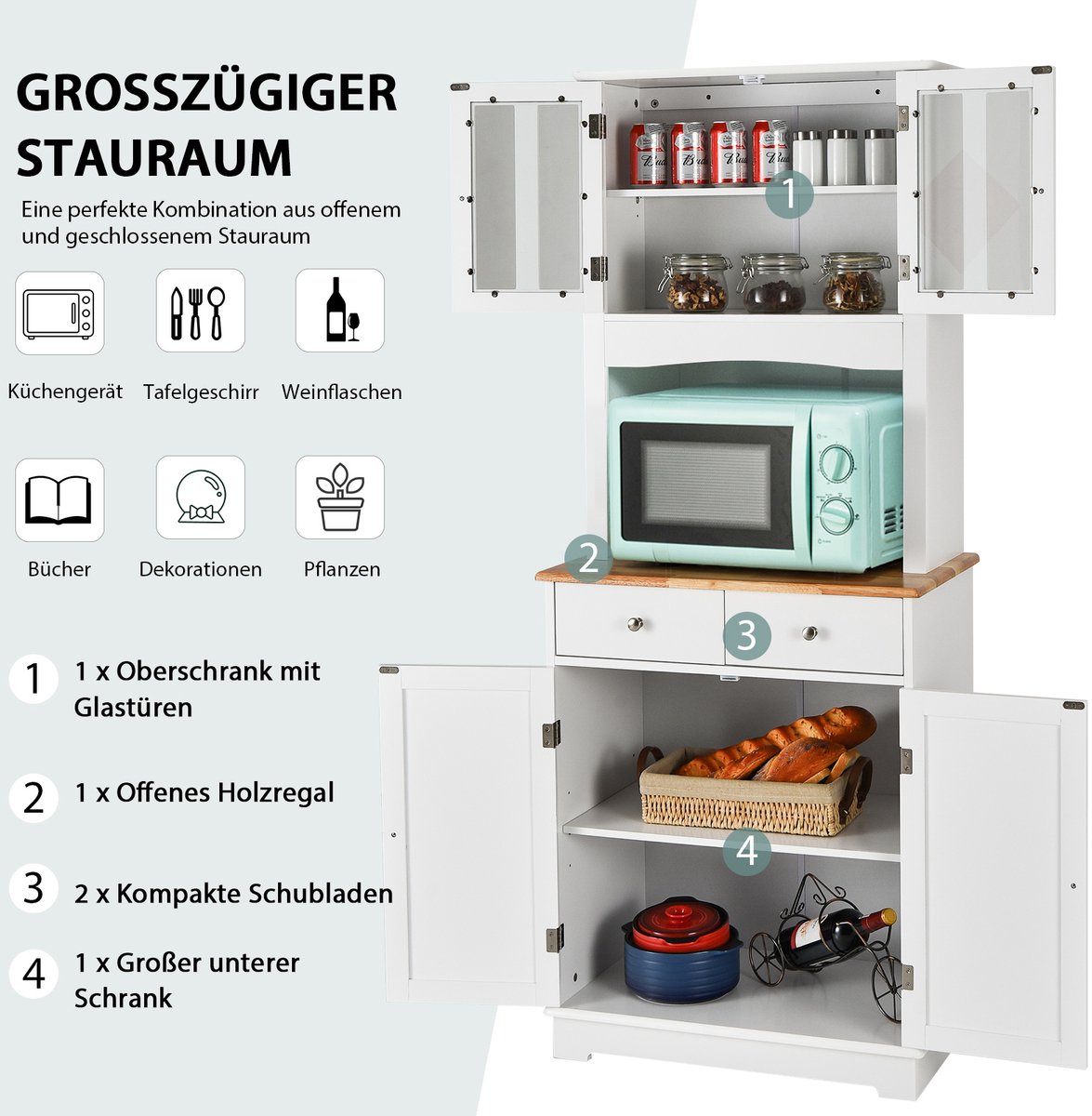 COSTWAY 180CM keukenkast met werkblad, buffetkast met 4 verstelbare legplanken & kabelopeningen, hoge kast keuken, opbergkast voor keuken eetkamer woonkamer (Wit