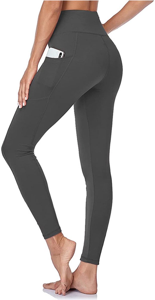 Sportlegging Dames High Waist - Met zakken - Sportleggings - Yoga kleding dames - hardloopbroek dames - Yoga legging dames - Sportbroek Dames - Sportkleding Dames - Hardloopbroek - Billen liftend - Ondoorzichtig - Grijs - Maat L/XL