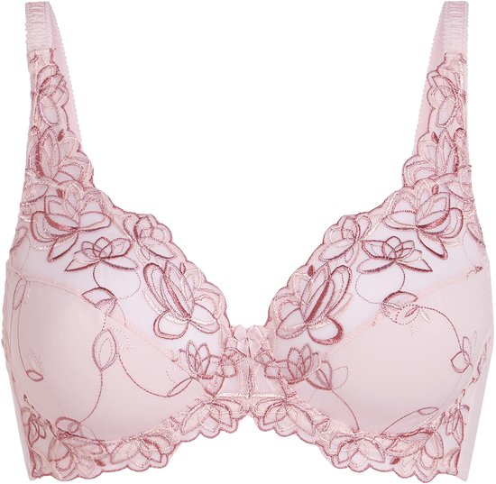 Een roze beugelbeha met gedetailleerde bloemenbroderie op de cups en een kanten rand.