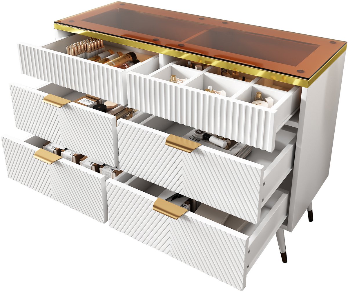 Ladekast met 6 lades - dressoir van amber glas - vakverdeler - kantelbestendige - 120 x 40 x 76 cm - wit