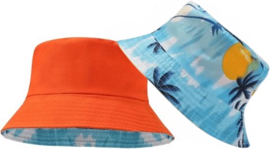 Bucket Hat - Omkeerbaar Vissershoedje - Dubbellaags - Oranje & Palmboomprint - Reversible - Hoofdomtrek 54-56 cm - Dames - Heren - Regenhoedje - Zonnehoedje - Emmerhoed - Hoed - Unisex
