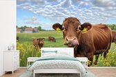 Behang - Fotobehang Koe - Weide - Bloemen - Breedte 600 cm x hoogte 400 cm