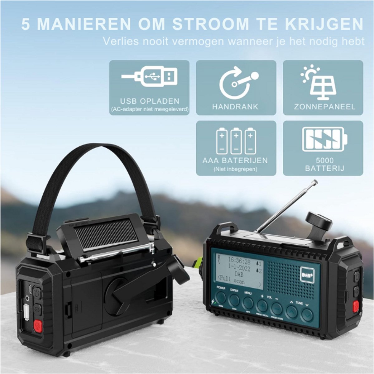 ROCAM Zwengelradio DAB /FM, Draagbaar noodradio 12000 mAh met 8500 mm² zonnepaneel & 650 mA dynamo, digitaal radio met Bluetooth, 2,4 kleurenscherm, 80 zenders, SOS, LED-zaklamp, USB, IPX6 voor