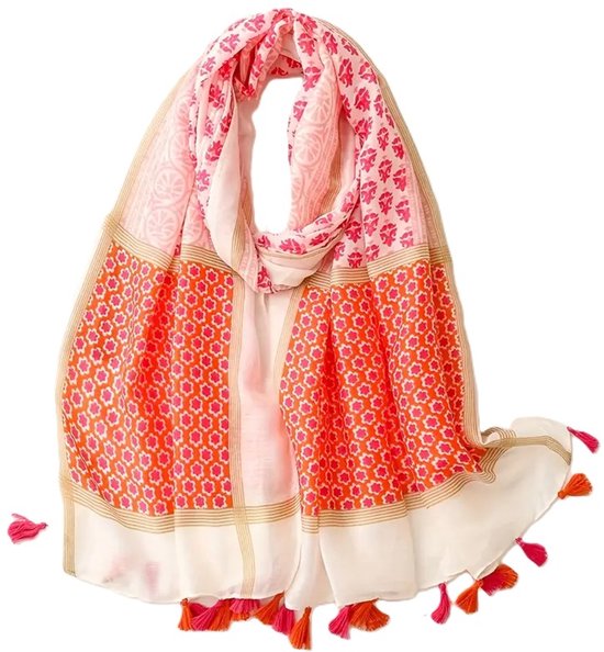 Dames Sjaal - Sjaal Dames - Zomersjaal - Voorjaarssjaal - Dunne Sjaal - Lichte Sjaal - Boho Style Shawl - Mode Sjaal - Roze - Oranje - Wit - 180 cm * 90 cm
