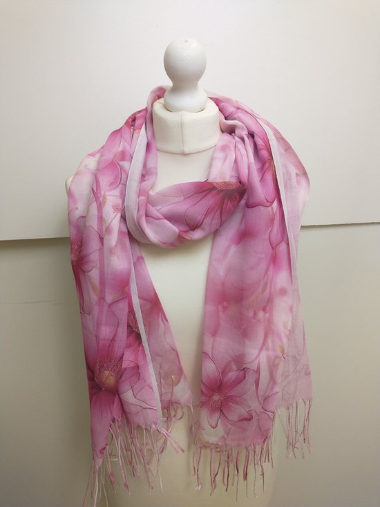 Lange dames sjaal Kathy-gebloemd motief- roze wit geel zwart fuchsia