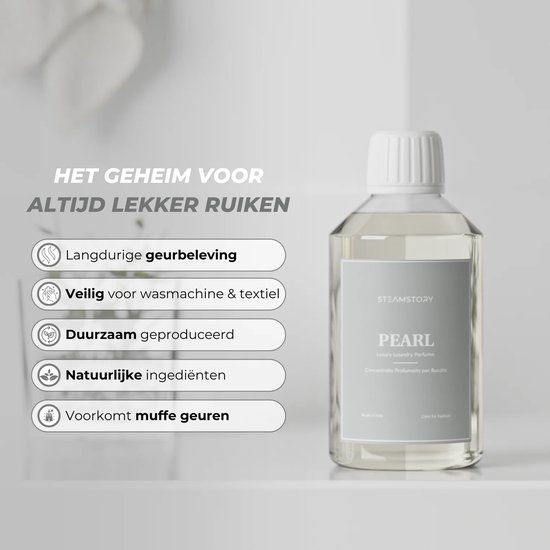 Fles met Steamstory wasparfum 'Pearl', met tekst over langdurige geur, veilig, duurzaam en natuurlijke ingrediënten.