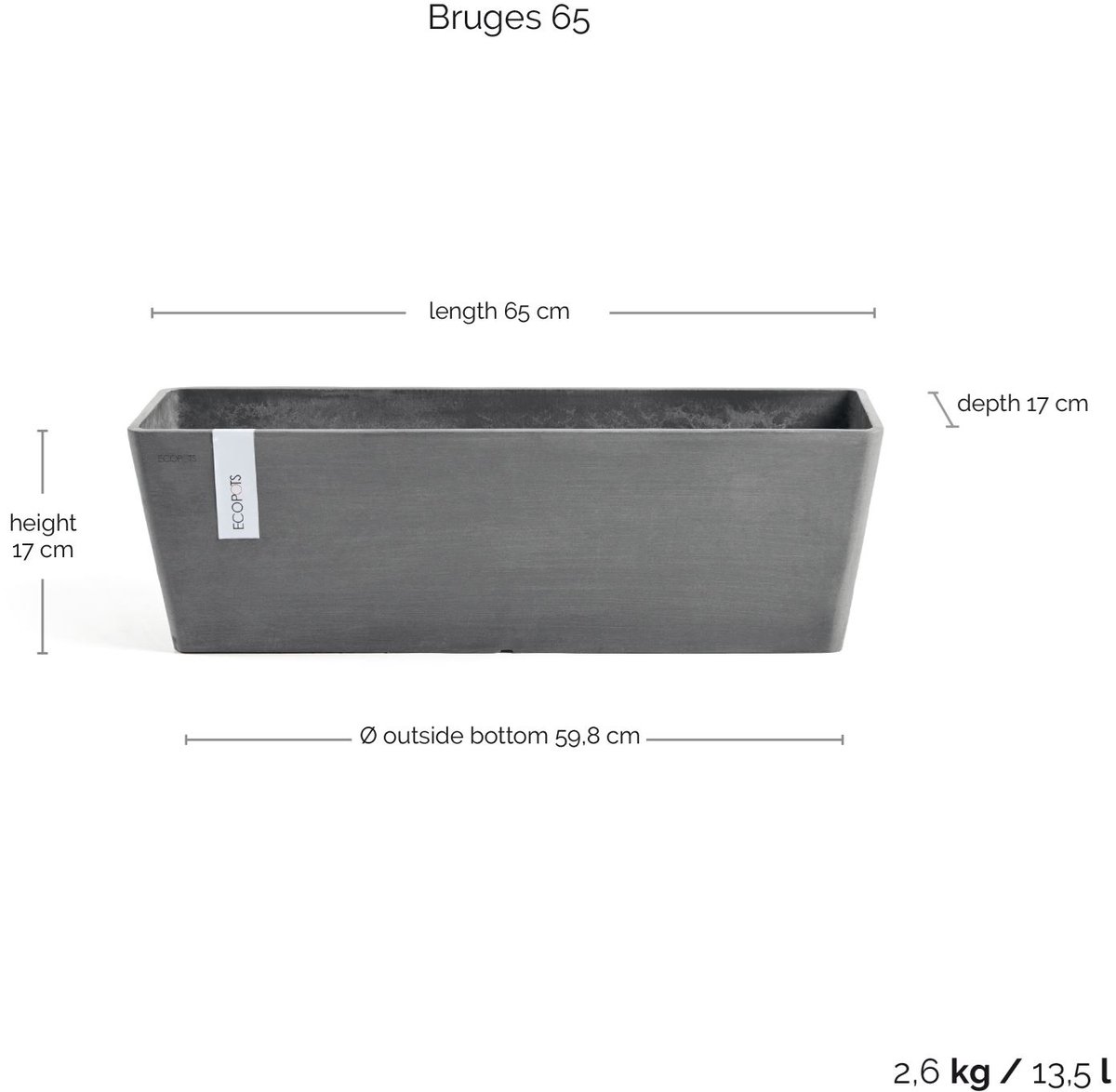 Ecopots Jardinière Bruges 66 - Gris - 65,3 x 16,3 x H17 cm