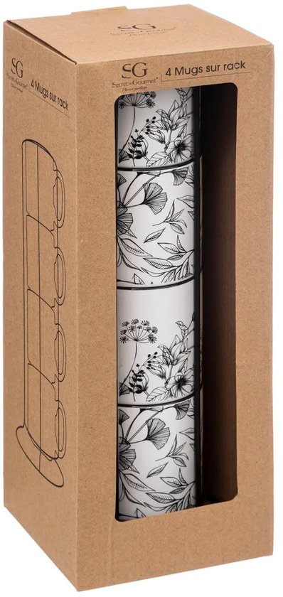 Tasses à Café Secret de Gourmet Fleurs - 8 pièces sur support métallique - Céramique - finition brillante - 240 ml - 7 x 8 cm