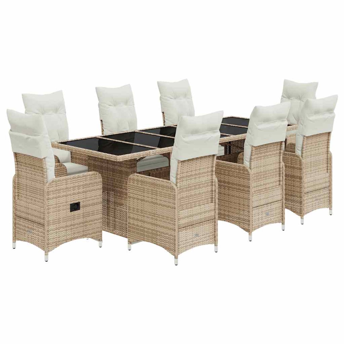9-delige Bistroset met beige kussens en poly rattan voor buiten.