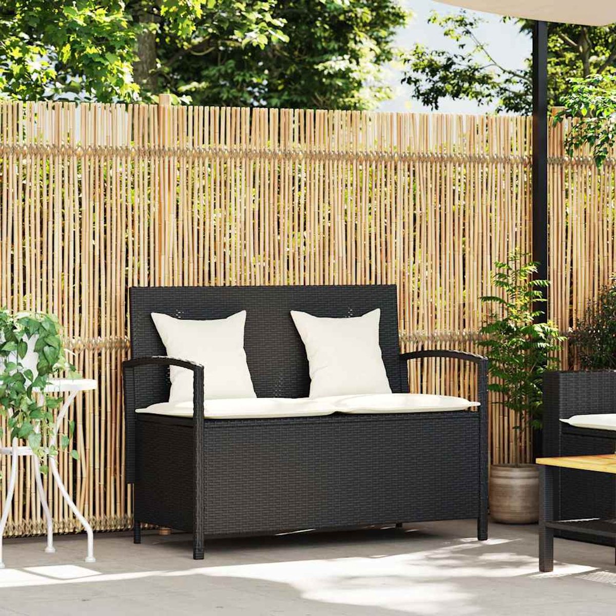 The Living Store Tuinbank met kussen poly rattan zwart - Tuinbank - Lounge Set - Buitendecoratie - Tuinset - Relaxfauteuil