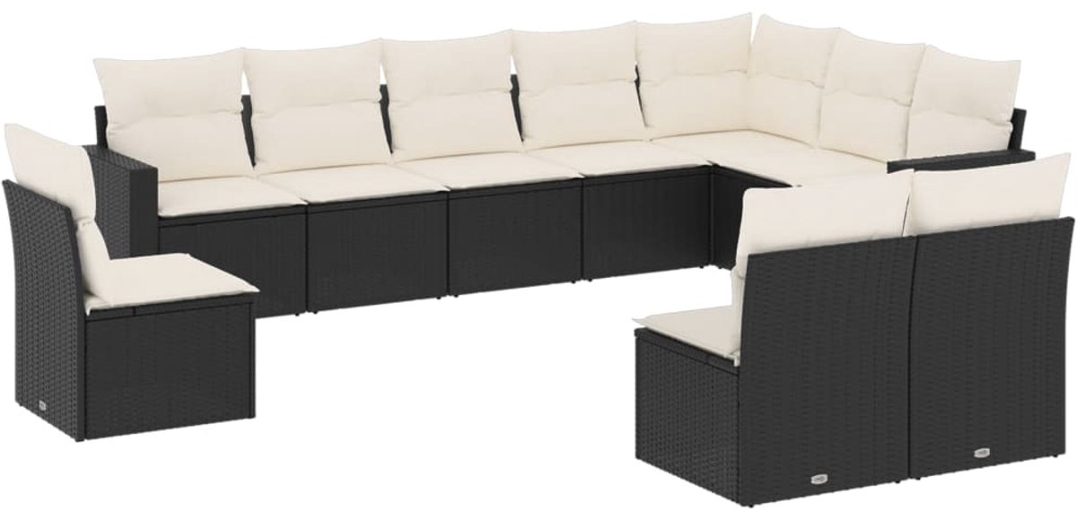 The Living Store 10-delige Loungeset met kussens poly rattan zwart - Loungeset - Tuinset - Lounge Bank - Buitenmeubels - Hoeksofa