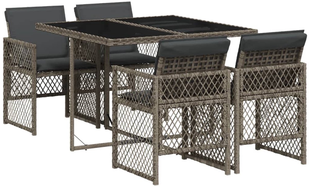 The Living Store 5-delige Tuinset met kussens poly rattan grijs - Tuinmeubel - Buitentijd - Lounge Set - Eetkamerset - Relaxen