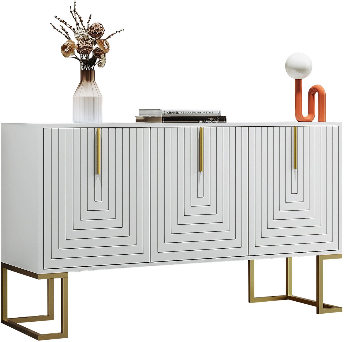 Modern 3-deurs dressoir met verstelbare planken - U-vormige kastdeuren en metalen handgrepen en voet - wit