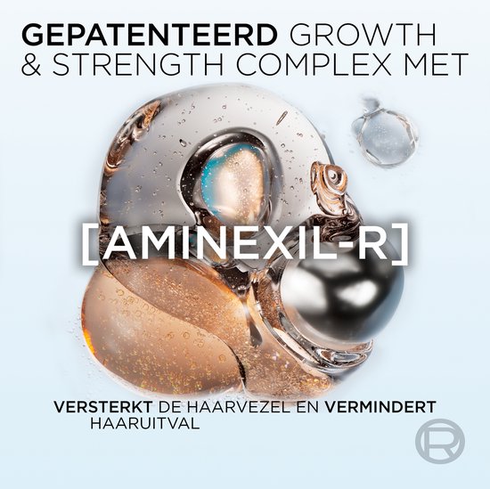 Abstracte weergave van het gepatenteerde 'Aminixil-R' complex, met parels en bubbels in transparante vloeistof.