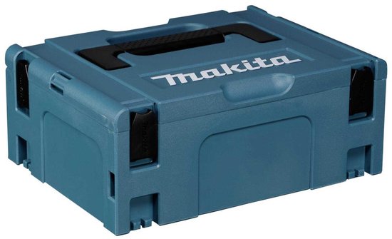 Turquoise Makita opbergkoffer met zwarte handgreep en witte logo's.