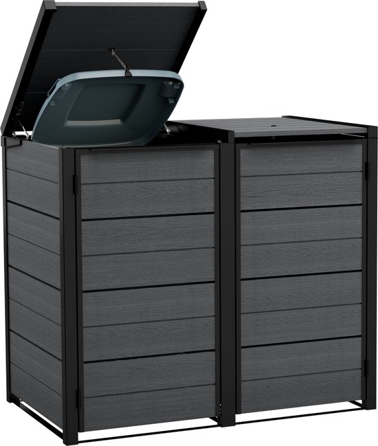 Double abri à poubelles anthracite avec un couvercle ouvert sur une poubelle verte et un couvercle fermé.