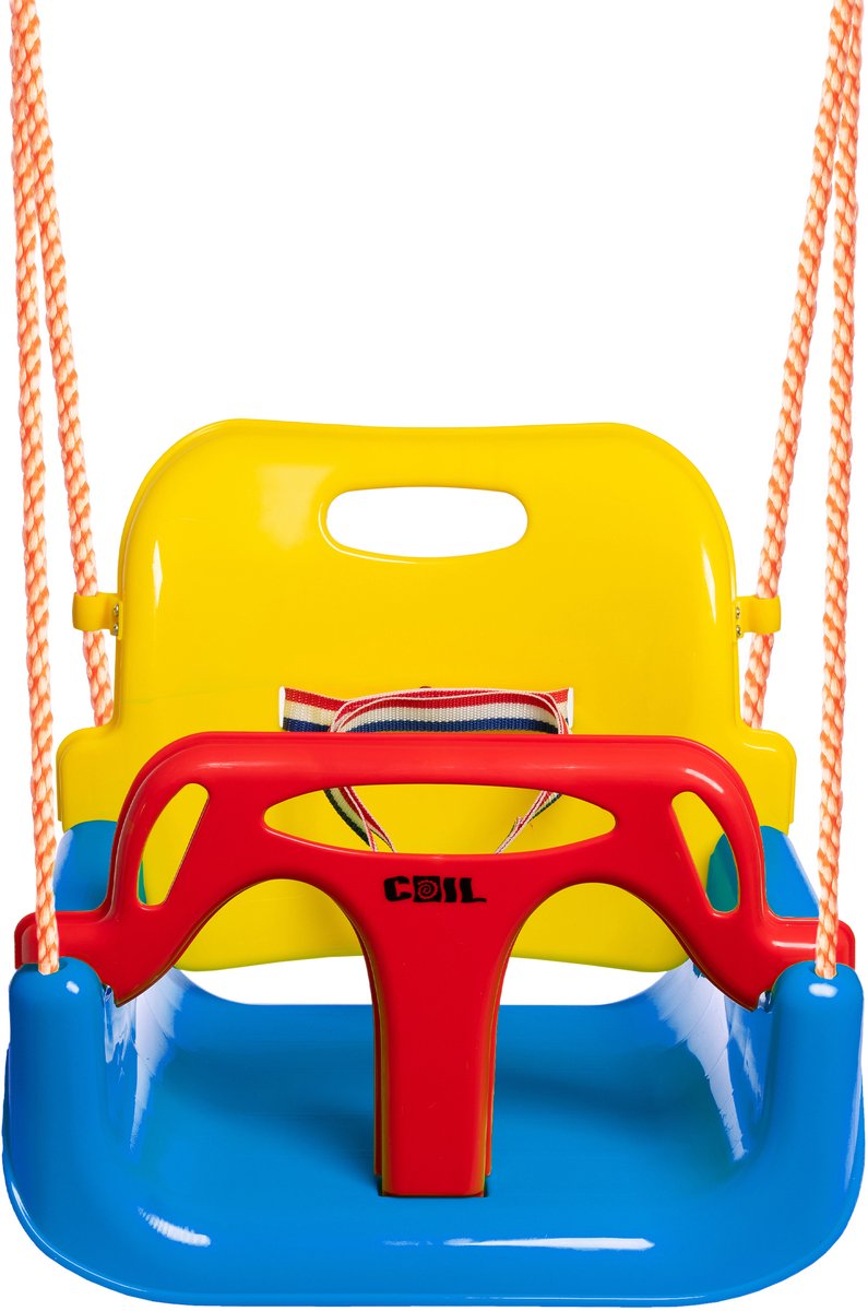 COIL Kinder schommel 3-in-1 - Tuinemmer schommel voor 6 maanden tot 5 jaar - Meegroei schommel – Verstelbaar en Veilig - blauw-gele