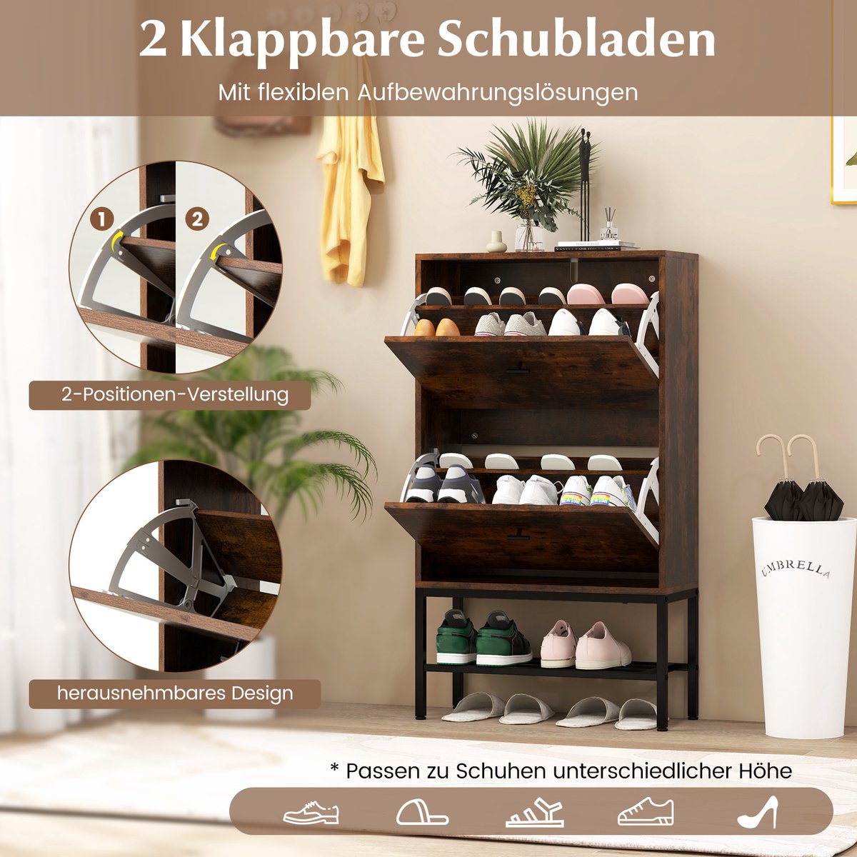 Luxe Vintage Schoenenkast met 2 Kleppen en Verstelbare Planken - Industriële