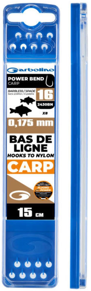 Garbolino Hooks to Nylon Competition Power Bend Carp 15cm (8 pcs) - Maat : Haak 16 (2430BN) - 0.175mm Fluoro Power