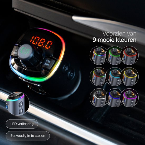 Zwarte Wegman FM-zender met digitaal display '108.0' en gekleurde LED-verlichting rondom, met negen kleuropties getoond.