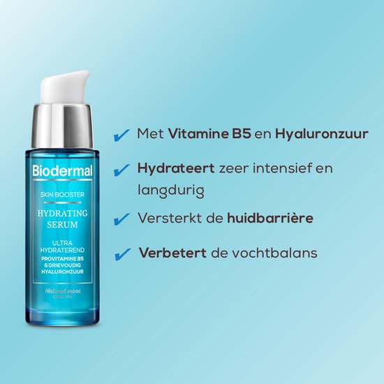 Biodermal Skin Booster Hydrating Serum flesje met opsommingstekens: Vitamine B5, Hyaluronzuur, Hydrateert, Versterkt huidbarrière, Verbetert vochtbalans.