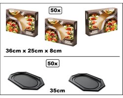 50x Luxe Cateringdozen Dine & Dish met venster 36x25x8cm met catering schaal zwart 35cm - Catering salade maaltijd bezorg doos thuis bezorg