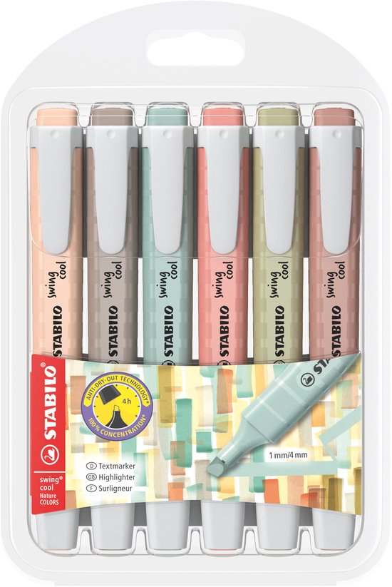 STABILO swing cool - Markeerstift - NatureCOLORS - Etui 6 Stuks - Met 6 Verschillende Kleuren