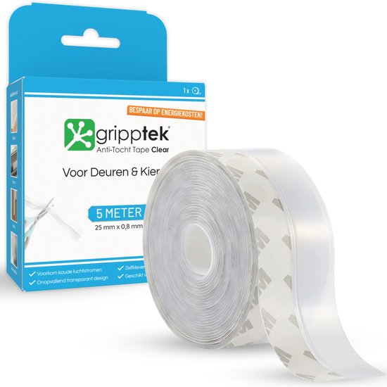 GrippTek® Anti-Tocht Tape Clear - 5 Meter x 25 mm - Tochtstrips voor Deuren - Zelfklevend - Isolerend - Tochtstopper - Tochtrol - Tochtband - Tochtwering - Hoogwaardig Siliconen - Transparant