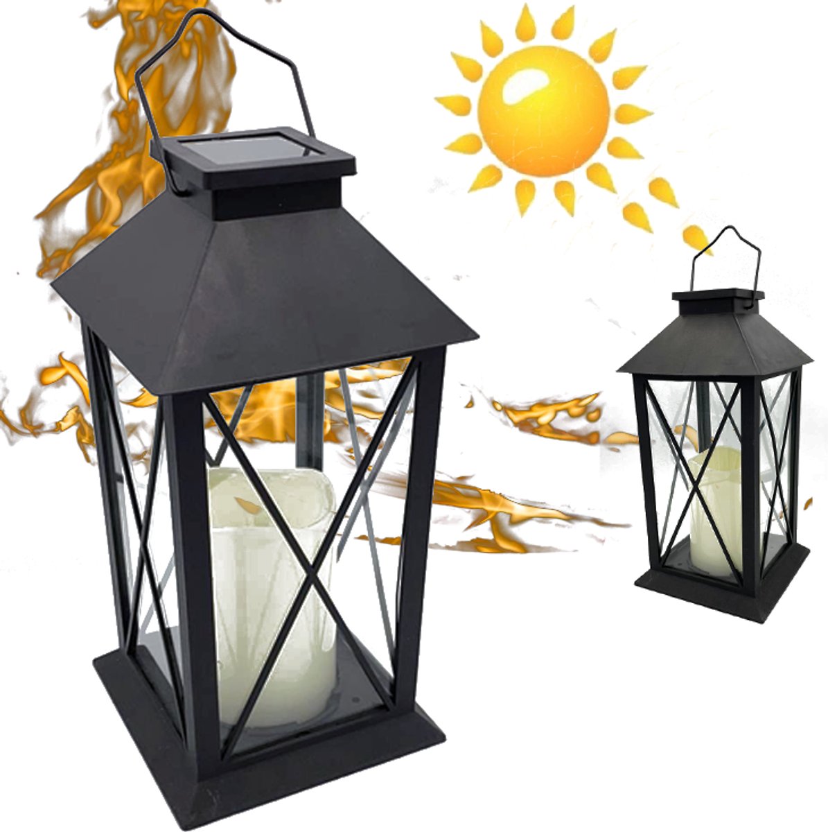N'JOY LIFE Landelijke Tuin Lantaarn met LED Kaars Solar - Windlicht op Zonne-Energie - Tafellamp voor Buiten met Vlameffect