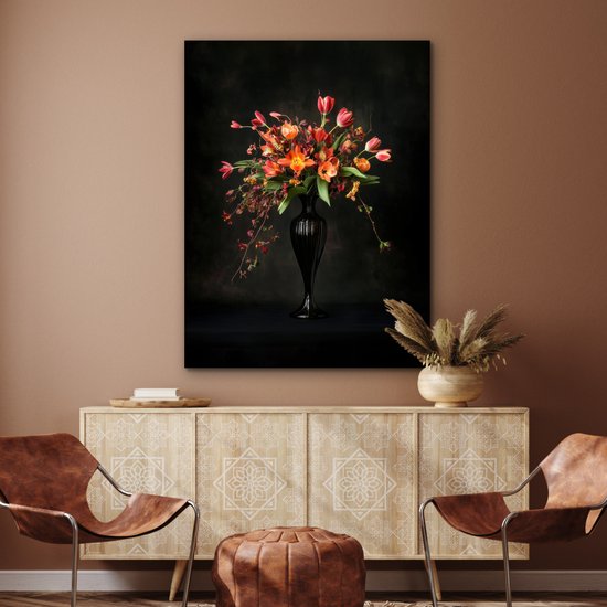 Aluminium schilderij 90x120 cm - Wanddecoratie metaal - Sierlijk - Boeket - Vaas - Metalen muurdecoratie woonkamer - Decoratie industrieel - Foto op dibond - Industriële accessoires slaapkamer