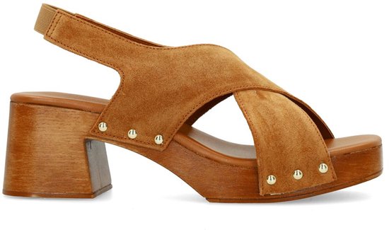 Sacha - Dames - Cognac suède sandalen met houten hak - Maat 38