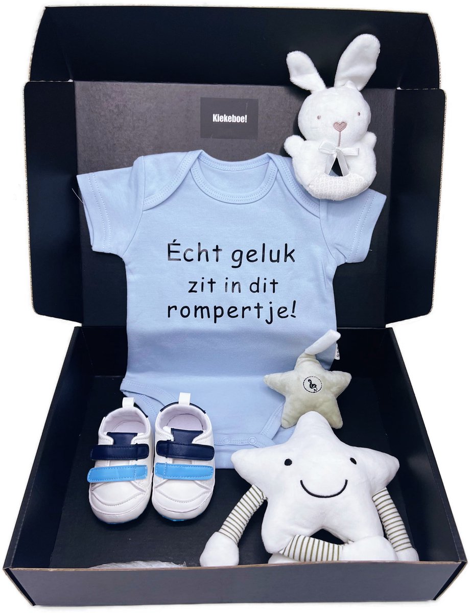 Groot kraamcadeau jongen, geschenkdoos met blauwe romper, muziekmobiel, rammelaar, babyschoentjes en speen - Luxe kraamcadeau - kan rechtstreeks worden verstuurd als cadeau – foto 3