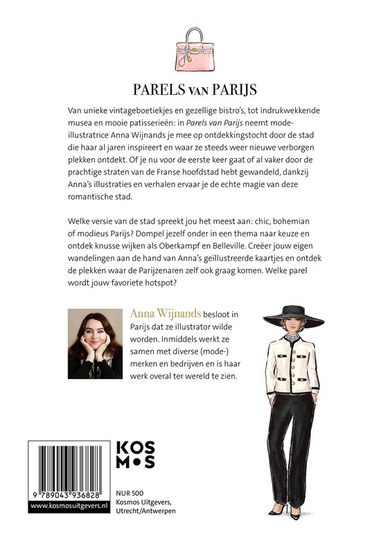 Boekomslag met titel "Parels van Parijs", illustratie van een vrouw en tekst. QR-code en ISBN.