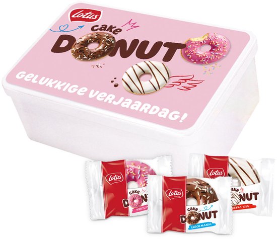 Lotus Cake Donut collection box - "Gelukkige Verjaardag!" - 10 donuts - 3 smaken - Pinkylicious, Choco Mania & Zebra Kiss - verjaardagscadeau- 340g