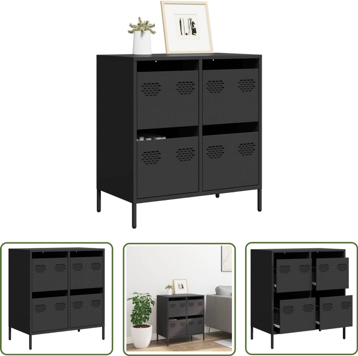 vidaXL Commode - Dressoir - Dressoir 68x39x73,5 cm koudgewalst staal zwart - Kasten - Zwarte Kleur - Metaal