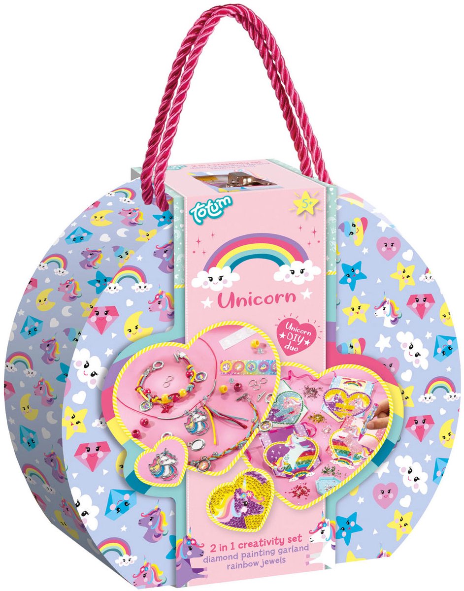 Totum Unicorn 2 in 1 knutselkoffertje - armbandjes maken en diamond paint slinger - knuitselset in cadeaukoffertje Sint cadeau