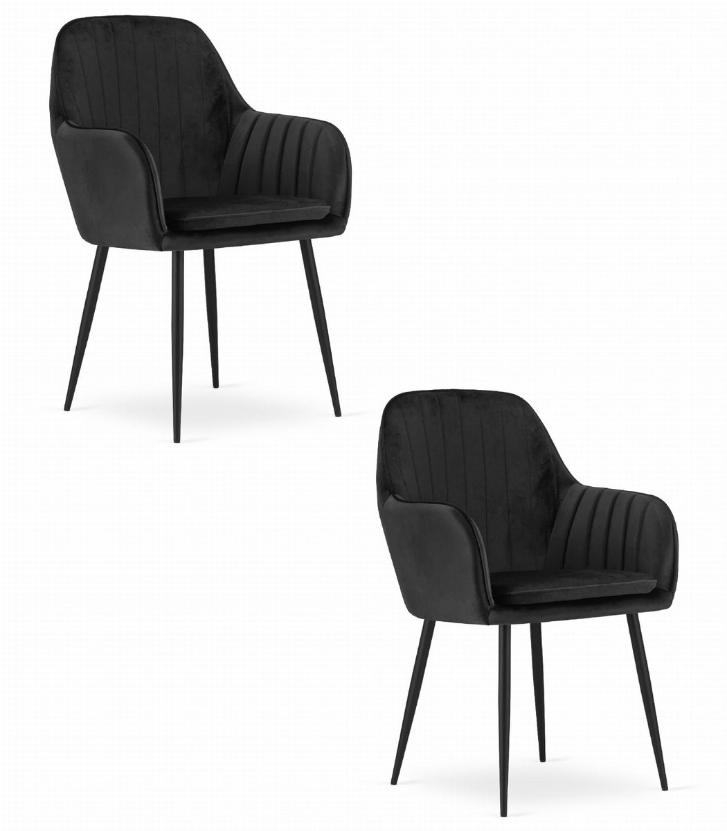 LUGO Velvet Design Stoelen – Set van 2 – Zwart Fluweel – Zwarte Metalen Poten – Met Armleuningen – Afneembare Hoes – Max. 120 kg