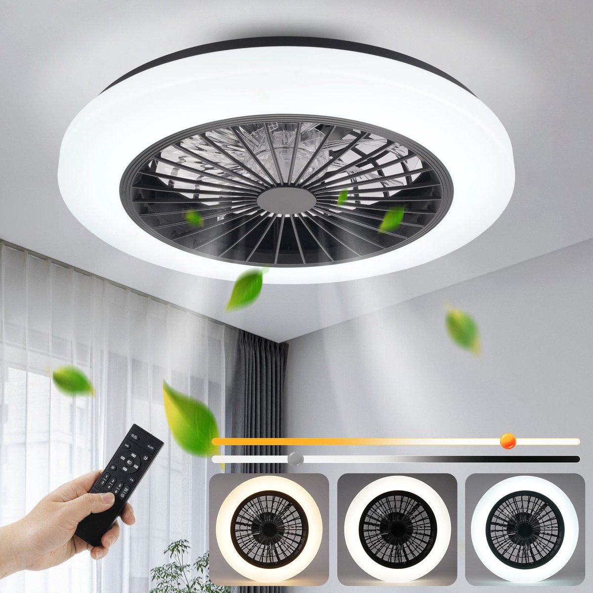 NETTLIFE Plafondventilator met Verlichting - zwart en wit - LED 40W - Dimdaar met Afstandsbediening - 6 standen - Timing - Stil - 3000-6500K - Moderne Woonkamerlamp - voor Slaapkamer | Eetkamer - 49CM