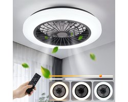 NETTLIFE Plafondventilator met Verlichting - zwart en wit - LED 40W - Dimdaar met Afstandsbediening - 6 standen - Timing - Stil - 3000-6500K - Moderne Woonkamerlamp - voor Slaapkamer | Eetkamer - 49CM