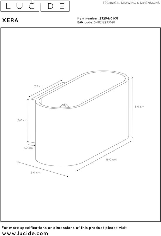 Technische tekening met afmetingen van de witte ovalen wandlamp.