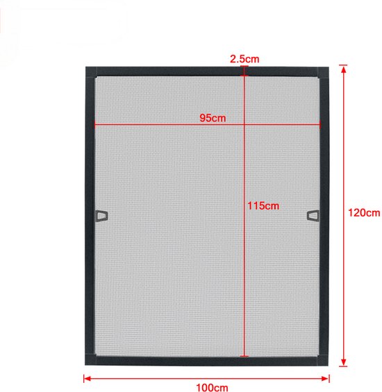 Een antracietkleurige hor met afmetingen: 100x120cm, met een horraam van 95x115cm en een profiel van 2,5cm.