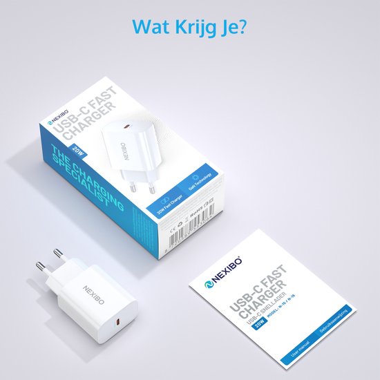 Adaptateur Nexibo USB-C 20W - Chargeur rapide - Chargeur - Convient pour iPhone, iPad, Samsung et plus