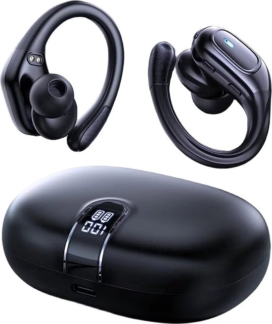 Draadloze Bluetooth Sport Oordopjes met Oorhaak - waterdicht - Zweetbestendig IP68 - In-Ear Oortjes met Microfoon - Noise Cancelling - Lange Batterijduur - Oplaadcase - Bluetooth 5.3 - Hardlopen, Fitness, Workout, Regen - Comfortabele Pasvorm - Zwart