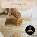 Een persoon schrijft in 'The Five Minute Journal'. Tekst 'Life-changing results!' en '2+ Million Copies Sold'.