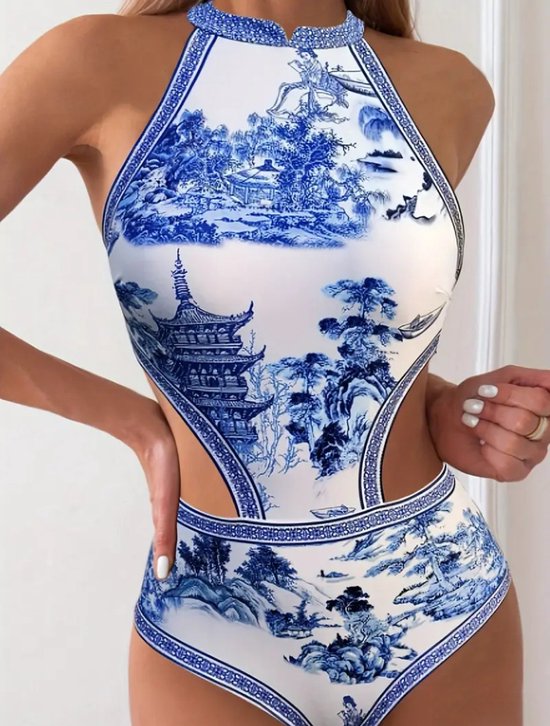 Sexy elegante Statement Badpak met Artistieke Print – Voor de Zelfverzekerde Vrouw maat L