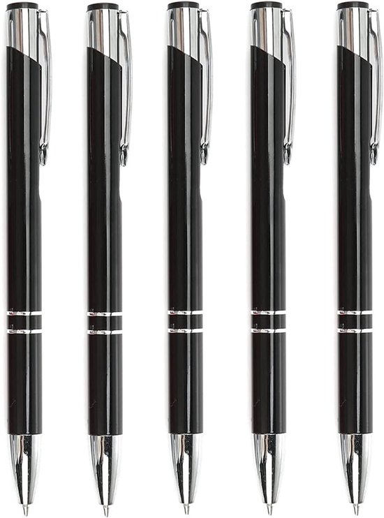 Vijf zwarte balpennen met zilverkleurige clip en ringen, naast elkaar.
