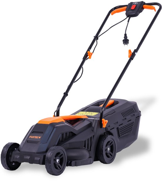 Zwarte elektrische FUXTEC grasmaaier met oranje accenten.