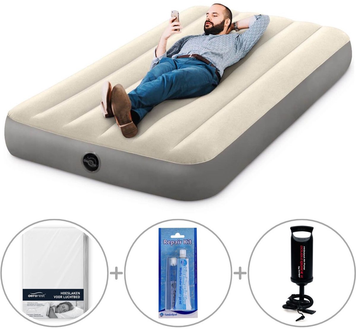 Intex Deluxe luchtbed | Eenpersoons | 191 x 99 x 25 cm | Inclusief Intex handpomp + reparatiekit + bijpassend hoeslaken